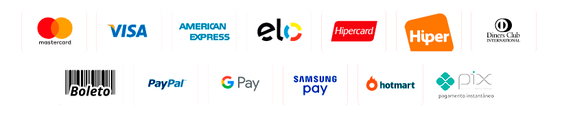 Formas de pagamento aceitas: cartões, boleto, PayPal, Pix e mais